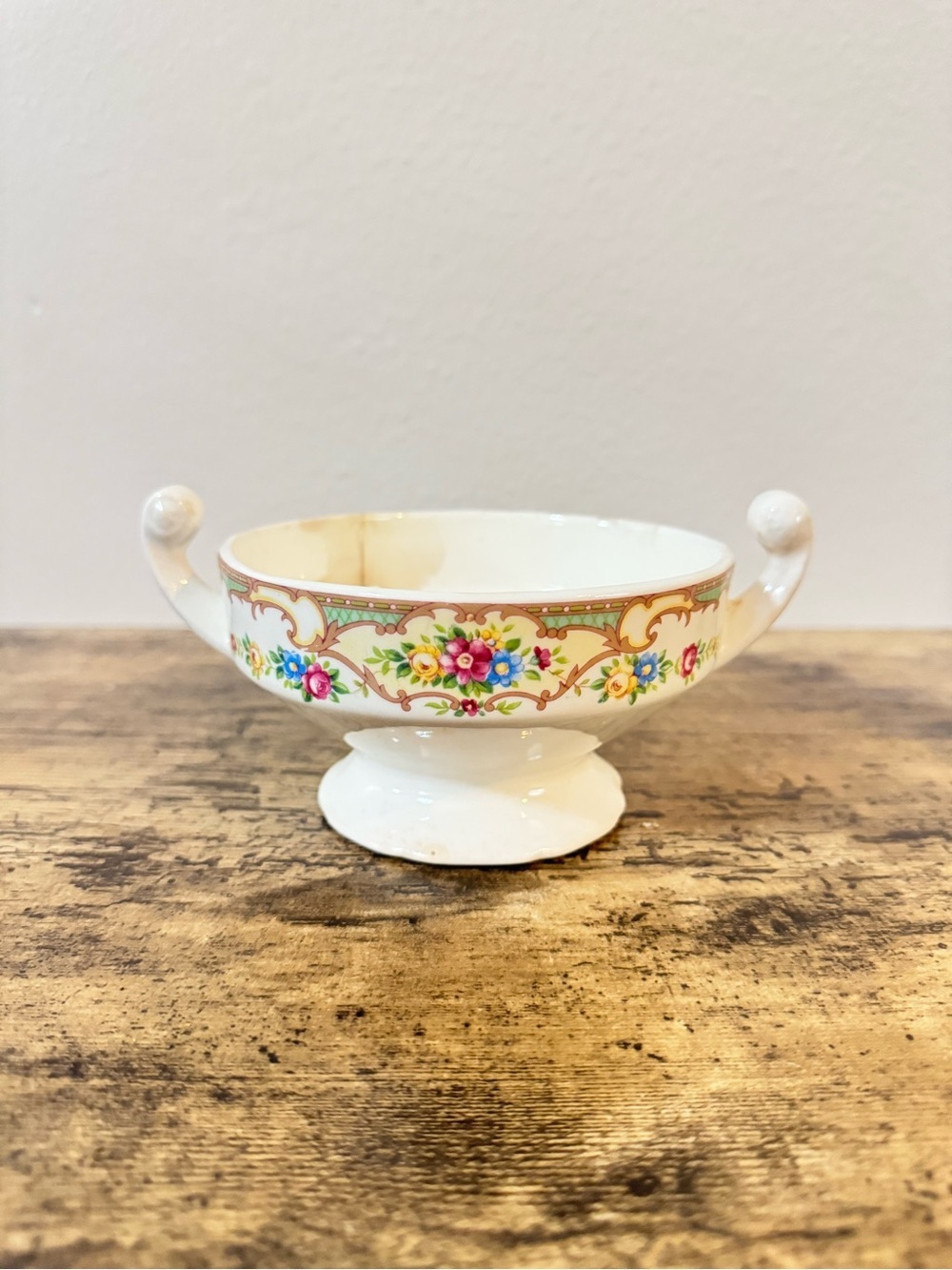 Vintage Floral Porcelain Double Handled Footed Bowl - Picture 6 of 12